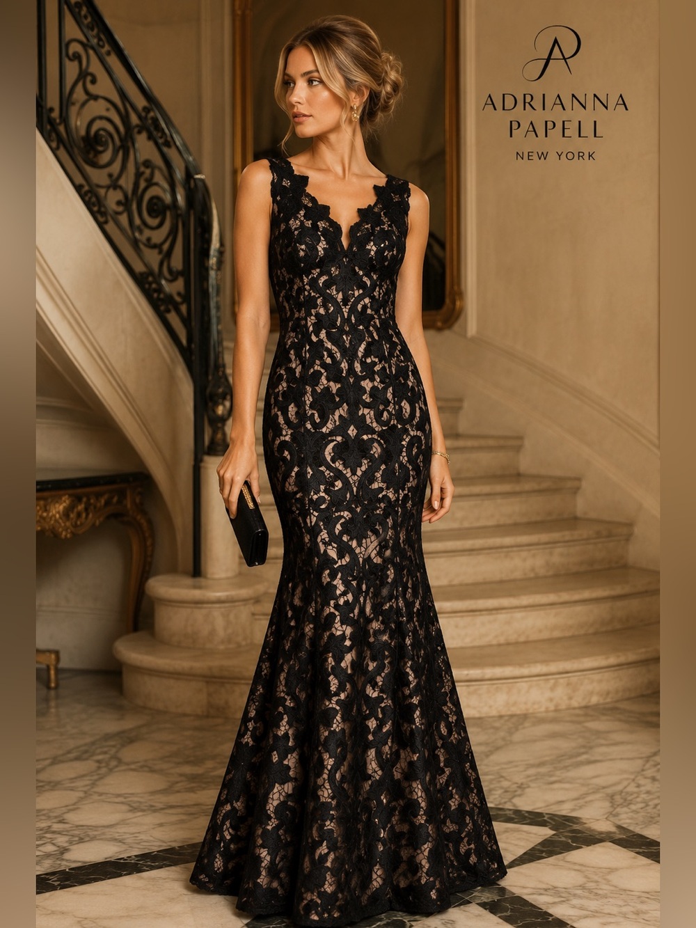ADRIANNA PAPELL Black Nude Guipure Lace Mermaid Maxi Gown Dress Size 2 Formal
